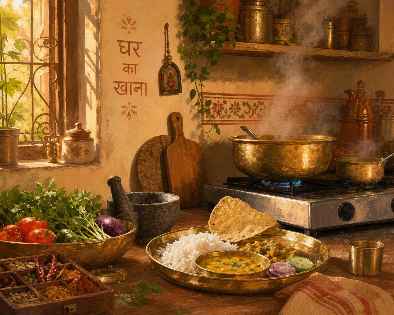 A warm home kitchen with brass pots, fresh vegetables, and a home-cooked thali